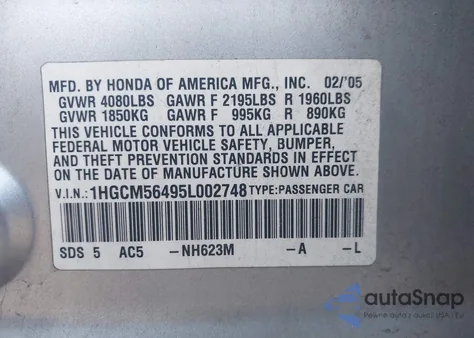 2005 Honda Accord 2.4 Lx из США, поврежденный, VIN 1HGCM56495L002748